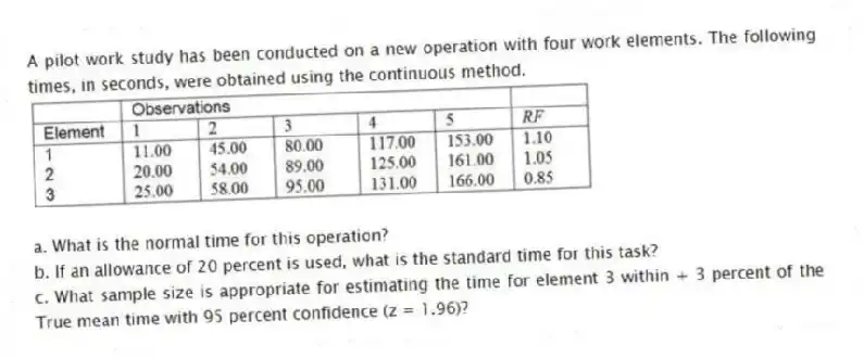 A pilot work study has been conducted on a new operation with four work elements. The following times, in seconds, were obtained using the continuous method.
a. What is the normal time for this operation?
b. If an allowance of 20 percent is used, what is the standard time for this task?
c. What sample size is appropriate for estimating the time for element 3 within + 3 percent of the True mean time with 95 percent confidence (z = 1.96)?