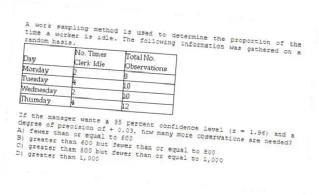 A work sampling method is used to determine the proportion of the time a worker is idle. The following information was gathered on a random basis.
If the manager wants a 95 percent confidence level (z = 1.96) and a degree of precision of + 0.03, how many more observations are needed?
A) fewer than or equal to 600
B) greater than 600 but fewer than or equal to 800
C) greater than 800 but fewer than or equal to 1,000
D) greater than 1,000