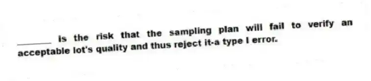 ________ is the risk that the sampling plan will fail to verify an acceptable lot's quality and thus reject it-a type I error.