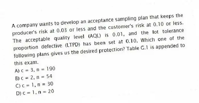 A company wants to develop an acceptance sampling plan that keeps the producer's risk at 0.03 or less and the customer's risk at 0.10 or less. The acceptable quality level (AQL) is 0.01, and the lot tolerance proportion defective (LTPD) has been set at 0.10. Which one of the following plans gives us the desired protection? Table G.1 is appended to this exam.
A) c = 3, n = 190
B) c = 2, n = 54
C) c = 1, n = 30
D) c = 1, n = 20