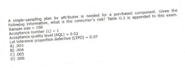 A single-sampling plan by attributes is needed for a purchased component. Given the following information, what is the consumer's risk? Table G.1 is appended to this exam. Sample size = 100
Acceptance number (c) = 1
Acceptance quality level (AQL) = 0.02
Lot tolerance proportion defective (LTPD) = 0.07
A) .003
B) .004
C) .005
D) .006