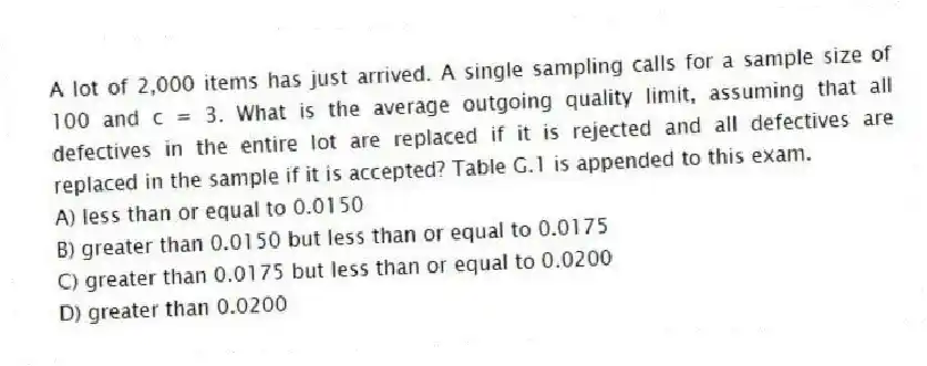 A lot of 2,000 items has just arrived. A single sampling calls for a sample size of 100 and c = 3. What is the average outgoing quality limit, assuming that all defectives in the entire lot are replaced if it is rejected and all defectives are replaced in the sample if it is accepted? Table G.1 is appended to this exam.
A) less than or equal to 0.0150
B) greater than 0.0150 but less than or equal to 0.0175
C) greater than 0.0175 but less than or equal to 0.0200
D) greater than 0.0200