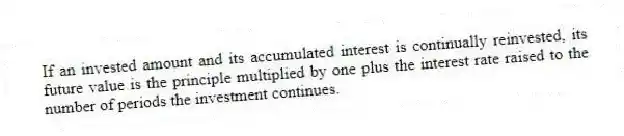 If an invested amount and its accumulated interest is continually reinvested, its future value is the principle multiplied by one plus the interest rate raised to the number of periods the investment continues.