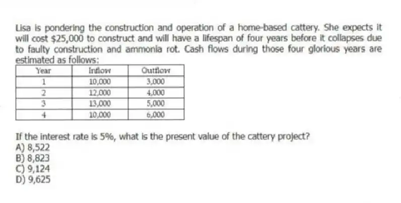 Lisa is pondering the construction and operation of a home-based cattery. She expects it will cost $25,000 to construct and will have a lifespan of four years before it collapses due to faulty construction and ammonia rot. Cash flows during those four glorious years are estimated as follows: 
If the interest rate is 5%, what is the present value of the cattery project?
A) 8,522 
B) 8,823 
C) 9,124 
D) 9,625 
