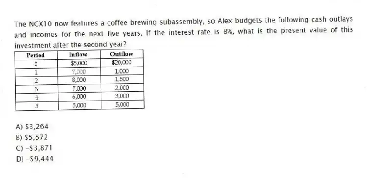 The NCX10 now features a coffee brewing subassembly, so Alex budgets the following cash outlays and incomes for the next five years. If the interest rate is 8%, what is the present value of this investment after the second year?
A) $3,264
B) $5,572
C) -$3,871
D) -$9,444
