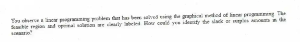 You observe a linear programming problem that has been solved using the graphical method of linear programming. The feasible region and optimal solution are clearly labeled. How could you identify the slack or surplus amounts in the scenario?