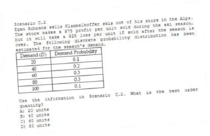 Scenario C.2
Egan Schranz sells Klammelhoffer skis out of his store in the Alps. The store makes a $75 profit per unit sold during the ski season, but it will take a $25 loss per unit if sold after the season is over. The following discrete probability distribution has been estimated for the season's demand.
-Use the information in Scenario C.2. What is the best order quantity?
A) 20 units
B) 40 units
C) 60 units
D) 80 units