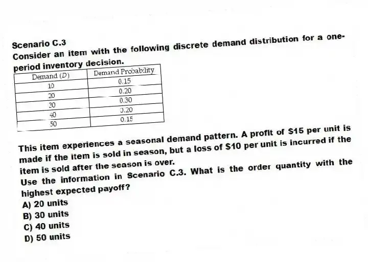 Scenario C.3
Consider an item with the following discrete demand distribution for a one-period inventory decision.
This item experiences a seasonal demand pattern. A profit of $15 per unit is made if the item is sold in season, but a loss of $10 per unit is incurred if the item is sold after the season is over.
-Use the information in Scenario C.3. What is the order quantity with the highest expected payoff?
A) 20 units
B) 30 units
C) 40 units
D) 50 units