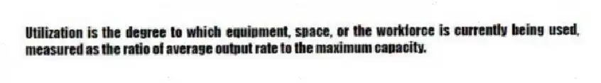 Utilization is the degree to which equipment, space, or the workforce is currently being used, measured as the ratio of average output rate to the maximum capacity.