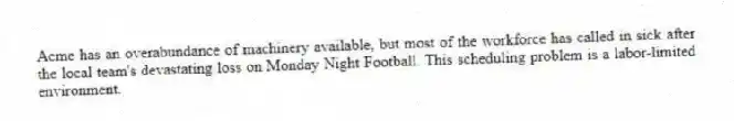 Acme has an overabundance of machinery available, but most of the workforce has called in sick after the local team's devastating loss on Monday Night Football. This scheduling problem is a labor-limited environment.