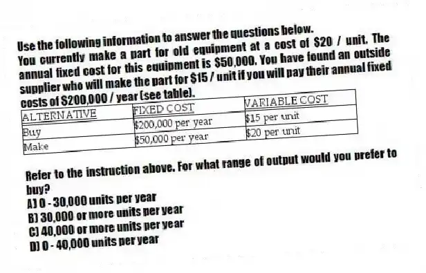 Use the following information to answer the questions below.
You currently make a part for old equipment at a cost of $20 / unit. The annual fixed cost for this equipment is $50,000. You have found an outside supplier who will make the part for $15 / unit if you will pay their annual fixed costs of $200,000 / year (see table).
-Refer to the instruction above. For what range of output would you prefer to buy?
A) 0 - 30,000 units per year
B) 30,000 or more units per year
C) 40,000 or more units per year
D) 0 - 40,000 units per year