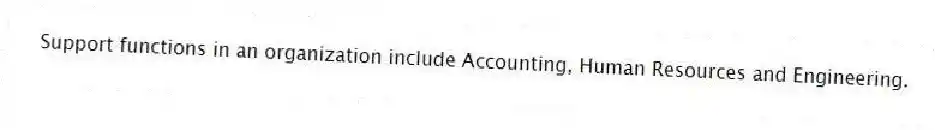 Support functions in an organization include Accounting, Human Resources and Engineering.