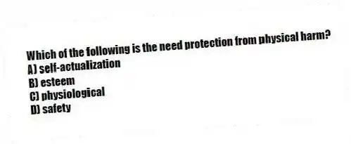 Which of the following is the need protection from physical harm?
A) self-actualization
B) esteem
C) physiological
D) safety