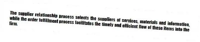 The supplier relationship process selects the suppliers of services, materials and information, while the order fulfillment process facilitates the timely and efficient flow of these items into the firm.