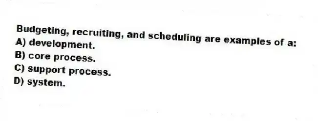 Budgeting, recruiting, and scheduling are examples of a:
A) development.
B) core process.
C) support process.
D) system.