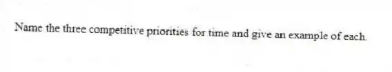 Name the three competitive priorities for time and give an example of each.