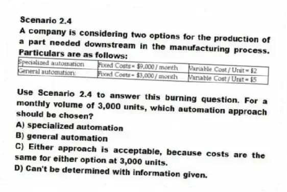 Scenario 2.4
A company is considering two options for the production of a part needed downstream in the manufacturing process. Particulars are as follows:
 
-Use Scenario 2.4 to answer this burning question. For a monthly volume of 3,000 units, which automation approach should be chosen?
A) specialized automation 
B) general automation 
C) Either approach is acceptable, because costs are the same for either option at 3,000 units. 
D) Can't be determined with information given. 
