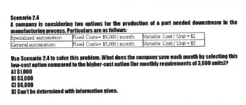 Scenario 2.4
A company is considering two options for the production of a part needed downstream in the manufacturing process. Particulars are as follows:
-Use Scenario 2.4 to solve this problem. What does the company save each month by selecting this low-cost option compared to the higher-cost option (for monthly requirements of 3,000 units)?
A) $1,000
B) $3,000
C) $6,000
D) Can't be determined with information given.