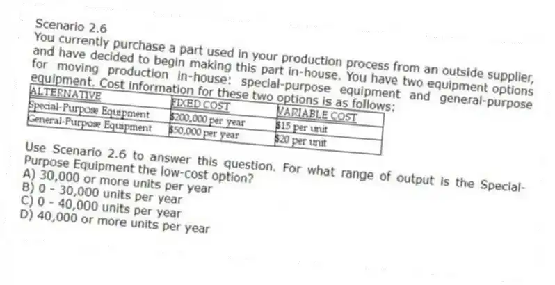 Scenario 2.6
You currently purchase a part used in your production process from an outside supplier, and have decided to begin making this part in-house. You have two equipment options for moving production in-house: special-purpose equipment and general-purpose equipment. Cost information for these two options is as follows:
 
-Use Scenario 2.6 to answer this question. For what range of output is the Special-Purpose Equipment the low-cost option?
A) 30,000 or more units per year 
B) 0 - 30,000 units per year 
C) 0 - 40,000 units per year 
D) 40,000 or more units per year 
