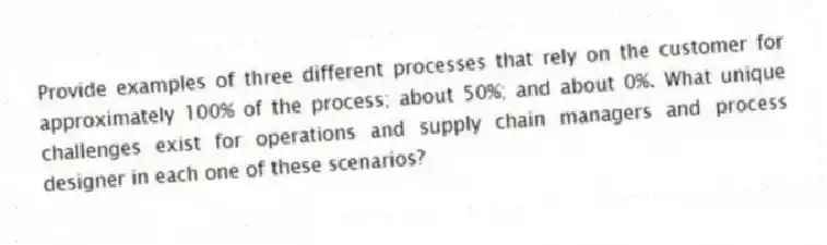 Provide examples of three different processes that rely on the customer for approximately 100% of the process; about 50%; and about 0%. What unique challenges exist for operations and supply chain managers and process designer in each one of these scenarios?