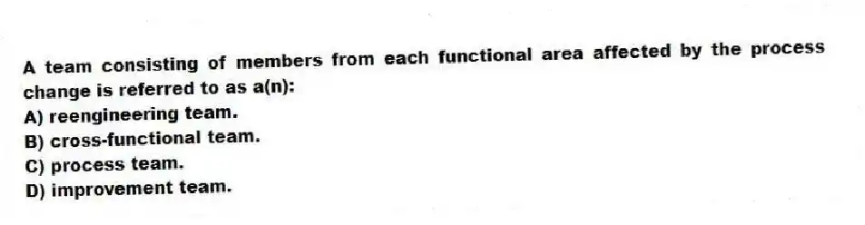 A team consisting of members from each functional area affected by the process change is referred to as a(n):
A) reengineering team.
B) cross-functional team.
C) process team.
D) improvement team.