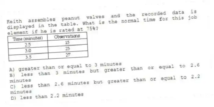 Keith assembles peanut valves and the recorded data is displayed in the table. What is the normal time for this job element if he is rated at 75%?
A) greater than or equal to 3 minutes
B) less than 3 minutes but greater than or equal to 2.6 minutes
C) less than 2.6 minutes but greater than or equal to 2.2 minutes
D) less than 2.2 minutes
