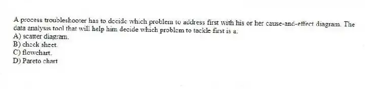 A process troubleshooter has to decide which problem to address first with his or her cause-and-effect diagram. The data analysis tool that will help him decide which problem to tackle first is a:
A) scatter diagram.
B) check sheet.
C) flowchart.
D) Pareto chart.