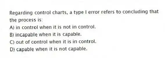 Regarding control charts, a type I error refers to concluding that the process is:
A) in control when it is not in control.
B) incapable when it is capable.
C) out of control when it is in control.
D) capable when it is not capable.