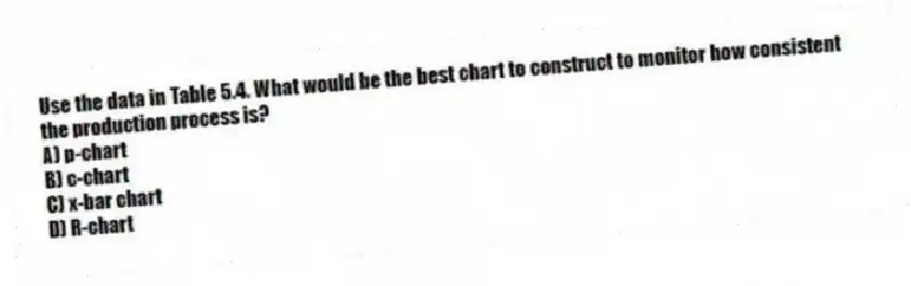 Use the data in Table 5.4. What would be the best chart to construct to monitor how consistent the production process is?
A) p-chart
B) c-chart
C) x-bar chart
D) R-chart