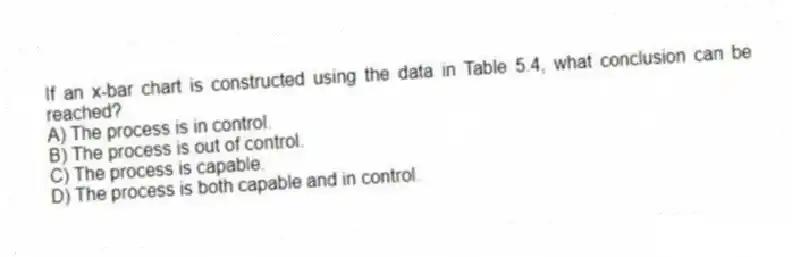 If an x-bar chart is constructed using the data in Table 5.4, what conclusion can be reached?
A) The process is in control.
B) The process is out of control.
C) The process is capable.
D) The process is both capable and in control.