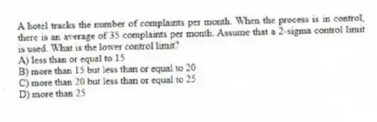 A hotel tracks the number of complaints per month. When the process is in control, there is an average of 35 complaints per month. Assume that a 2-sigma control limit is used. What is the lower control limit?
A) less than or equal to 15
B) more than 15 but less than or equal to 20
C) more than 20 but less than or equal to 25
D) more than 25