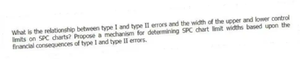 What is the relationship between type I and type II errors and the width of the upper and lower control limits on SPC charts? Propose a mechanism for determining SPC chart limit widths based upon the financial consequences of type I and type II errors.