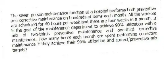 The seven-person maintenance function at a hospital performs both preventive and corrective maintenance on hundreds of items each month. All the workers are scheduled for 40 hours per week and there are four weeks in a month. It is the goal of the maintenance department to achieve 90% utilization with a mix of two-thirds preventive maintenance and one-third corrective maintenance. How many hours each month are spent performing corrective maintenance if they achieve their 90% utilization and correct/preventive mix targets?