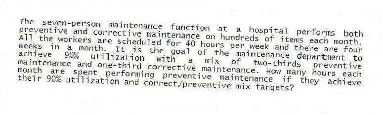 The seven-person maintenance function at a hospital performs both preventive and corrective maintenance on hundreds of items each month. All the workers are scheduled for 40 hours per week and there are four weeks in a month. It is the goal of the maintenance department to achieve 90% utilization with a mix of two-thirds preventive maintenance and one-third corrective maintenance. How many hours each month are spent performing preventive maintenance if they achieve their 90% utilization and correct/preventive mix targets?