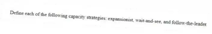 Define each of the following capacity strategies: expansionist, wait-and-see, and follow-the-leader.