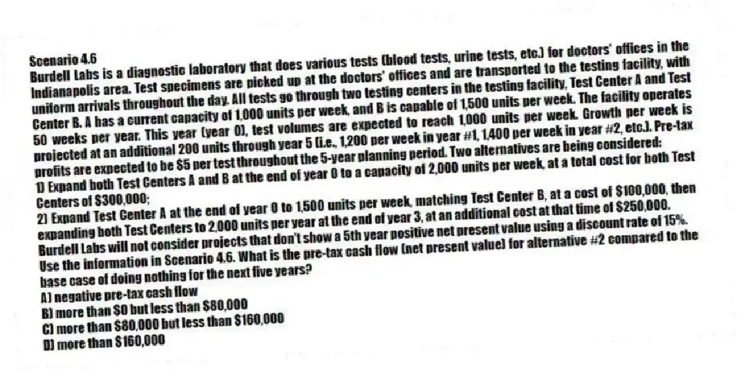 Scenario 4.6
Burdell Labs is a diagnostic laboratory that does various tests (blood tests, urine tests, etc.) for doctors' offices in the Indianapolis area. Test specimens are picked up at the doctors' offices and are transported to the testing facility, with uniform arrivals throughout the day. All tests go through two testing centers in the testing facility, Test Center A and Test Center B. A has a current capacity of 1,000 units per week, and B is capable of 1,500 units per week. The facility operates 50 weeks per year. This year (year 0), test volumes are expected to reach 1,000 units per week. Growth per week is projected at an additional 200 units through year 5 (i.e., 1,200 per week in year #1, 1,400 per week in year #2, etc.). Pre-tax profits are expected to be $5 per test throughout the 5-year planning period. Two alternatives are being considered:
1) Expand both Test Centers A and B at the end of year 0 to a capacity of 2,000 units per week, at a total cost for both Test Centers of $300,000;
2) Expand Test Center A at the end of year 0 to 1,500 units per week, matching Test Center B, at a cost of $100,000, then expanding both Test Centers to 2,000 units per year at the end of year 3, at an additional cost at that time of $250,000.
Burdell Labs will not consider projects that don't show a 5th year positive net present value using a discount rate of 15%.
-Use the information in Scenario 4.6. What is the pre-tax cash flow (net present value) for alternative #2 compared to the base case of doing nothing for the next five years?
A) negative pre-tax cash flow
B) more than $0 but less than $80,000
C) more than $80,000 but less than $160,000
D) more than $160,000