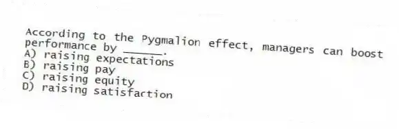 According to the Pygmalion effect, managers can boost performance by ______.
A) raising expectations
B) raising pay
C) raising equity
D) raising satisfaction
