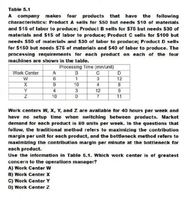 Table 5.1
A company makes four products that have the following characteristics: Product A sells for $50 but needs $10 of materials and $15 of labor to produce; Product B sells for $75 but needs $30 of materials and $15 of labor to produce; Product C sells for $100 but needs $50 of materials and $30 of labor to produce; Product D sells for $150 but needs $75 of materials and $40 of labor to produce. The processing requirements for each product on each of the four machines are shown in the table.
Work centers W, X, Y, and Z are available for 40 hours per week and have no setup time when switching between products. Market demand for each product is 80 units per week. In the questions that follow, the traditional method refers to maximizing the contribution margin per unit for each product, and the bottleneck method refers to maximizing the contribution margin per minute at the bottleneck for each product.
-Use the information in Table 5.1. Which work center is of greatest concern to the operations manager?
A) Work Center W
B) Work Center X
C) Work Center Y
D) Work Center Z