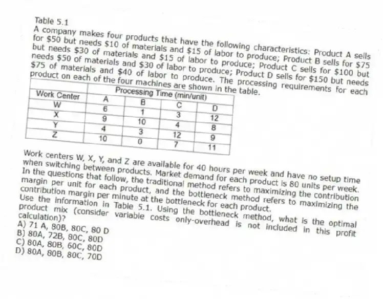 Table 5.1
A company makes four products that have the following characteristics: Product A sells for $50 but needs $10 of materials and $15 of labor to produce; Product B sells for $75 but needs $30 of materials and $15 of labor to produce; Product C sells for $100 but needs $50 of materials and $30 of labor to produce; Product D sells for $150 but needs $75 of materials and $40 of labor to produce. The processing requirements for each product on each of the four machines are shown in the table.
Work centers W, X, Y, and Z are available for 40 hours per week and have no setup time when switching between products. Market demand for each product is 80 units per week. In the questions that follow, the traditional method refers to maximizing the contribution margin per unit for each product, and the bottleneck method refers to maximizing the contribution margin per minute at the bottleneck for each product.
-Use the information in Table 5.1. Using the bottleneck method, what is the optimal product mix (consider variable costs only-overhead is not included in this profit calculation)?
A) 71 A, 80B, 80C, 80 D
B) 80A, 72B, 80C, 80D
C) 80A, 80B, 60C, 80D
D) 80A, 80B, 80C, 70D