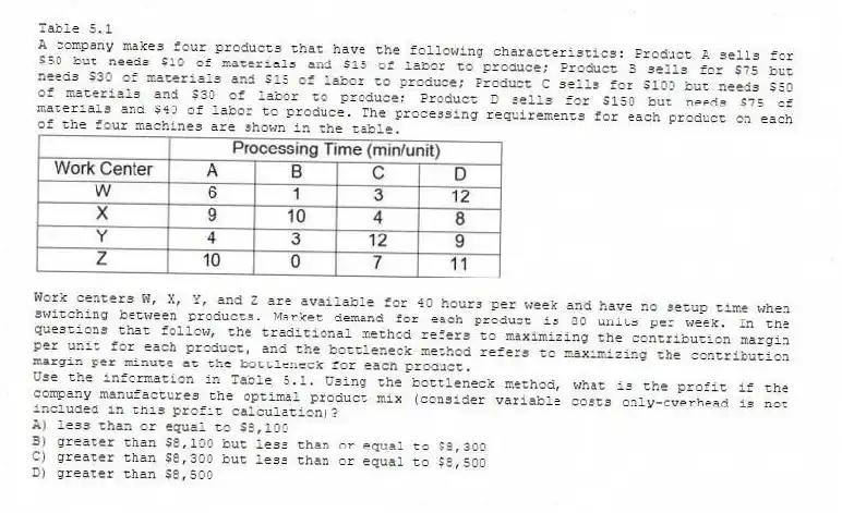 Table 5.1
A company makes four products that have the following characteristics: Product A sells for $50 but needs $10 of materials and $15 of labor to produce; Product B sells for $75 but needs $30 of materials and $15 of labor to produce; Product C sells for $100 but needs $50 of materials and $30 of labor to produce; Product D sells for $150 but needs $75 of materials and $40 of labor to produce. The processing requirements for each product on each of the four machines are shown in the table.
Work centers W, X, Y, and Z are available for 40 hours per week and have no setup time when switching between products. Market demand for each product is 80 units per week. In the questions that follow, the traditional method refers to maximizing the contribution margin per unit for each product, and the bottleneck method refers to maximizing the contribution margin per minute at the bottleneck for each product.
-Use the information in Table 5.1. Using the bottleneck method, what is the profit if the company manufactures the optimal product mix (consider variable costs only-overhead is not included in this profit calculation)?
A) less than or equal to $8,100
B) greater than $8,100 but less than or equal to $8,300
C) greater than $8,300 but less than or equal to $8,500
D) greater than $8,500