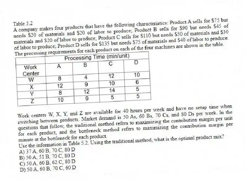 Table 5.2
A company makes four products that have the following characteristics: Product A sells for $75 but needs $20 of materials and $20 of labor to produce; Product B sells for $90 but needs $45 of materials and $20 of labor to produce; Product C sells for $110 but needs $50 of materials and $30 of labor to produce; Product D sells for $135 but needs $75 of materials and $40 of labor to produce. The processing requirements for each product on each of the four machines are shown in the table.
  
Work centers W, X, Y, and Z are available for 40 hours per week and have no setup time when switching between products. Market demand is 50 As, 60 Bs, 70 Cs, and 80 Ds per week. In the questions that follow, the traditional method refers to maximizing the contribution margin per unit for each product, and the bottleneck method refers to maximizing the contribution margin per minute at the bottleneck for each product.
-Use the information in Table 5.2. Using the traditional method, what is the optimal product mix?
A) 37 A, 60 B, 70 C, 80 D 
B) 50 A, 51 B, 70 C, 80 D 
C) 50 A, 60 B, 62 C, 80 D 
D) 50 A, 60 B, 70 C, 60 D 
