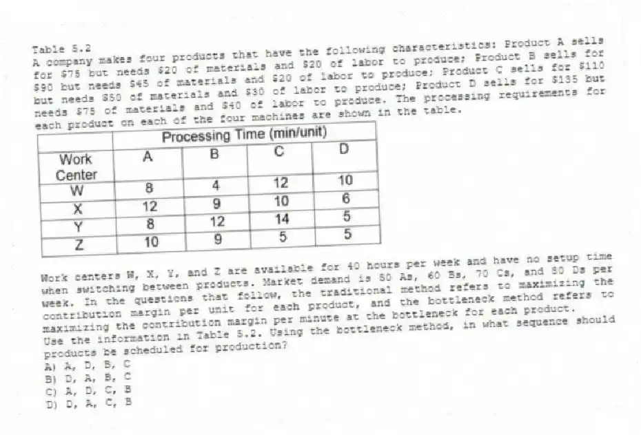 Table 5.2
A company makes four products that have the following characteristics: Product A sells for $75 but needs $20 of materials and $20 of labor to produce; Product B sells for $90 but needs $45 of materials and $20 of labor to produce; Product C sells for $110 but needs $50 of materials and $30 of labor to produce; Product D sells for $135 but needs $75 of materials and $40 of labor to produce. The processing requirements for each product on each of the four machines are shown in the table.
Work centers W, X, Y, and Z are available for 40 hours per week and have no setup time when switching between products. Market demand is 50 As, 60 Bs, 70 Cs, and 80 Ds per week. In the questions that follow, the traditional method refers to maximizing the contribution margin per unit for each product, and the bottleneck method refers to maximizing the contribution margin per minute at the bottleneck for each product.
-Use the information in Table 5.2. Using the bottleneck method, in what sequence should products be scheduled for production?
A) A, D, B, C
B) D, A, B, C
C) A, D, C, B
D) D, A, C, B