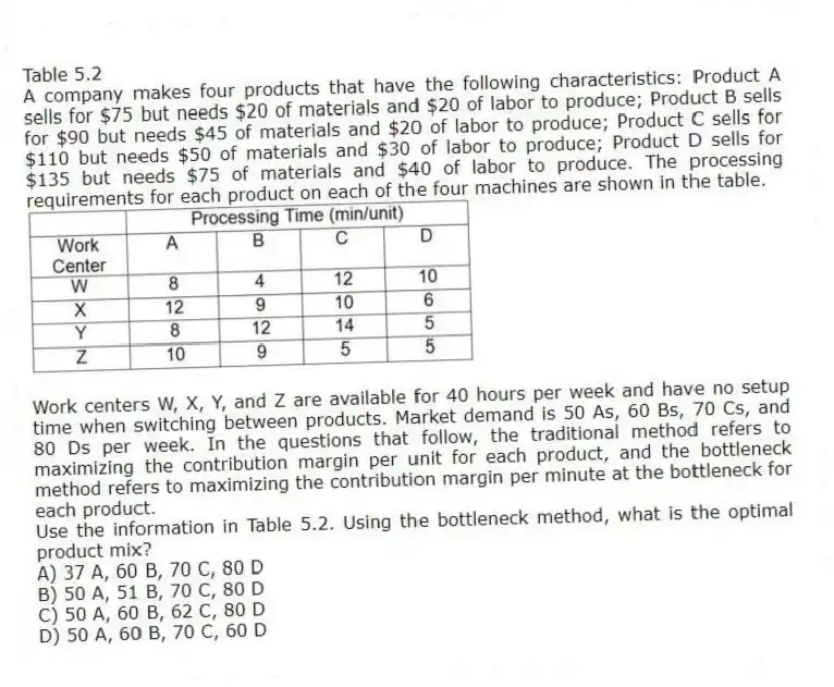 Table 5.2
A company makes four products that have the following characteristics: Product A sells for $75 but needs $20 of materials and $20 of labor to produce; Product B sells for $90 but needs $45 of materials and $20 of labor to produce; Product C sells for $110 but needs $50 of materials and $30 of labor to produce; Product D sells for $135 but needs $75 of materials and $40 of labor to produce. The processing requirements for each product on each of the four machines are shown in the table.
Work centers W, X, Y, and Z are available for 40 hours per week and have no setup time when switching between products. Market demand is 50 As, 60 Bs, 70 Cs, and 80 Ds per week. In the questions that follow, the traditional method refers to maximizing the contribution margin per unit for each product, and the bottleneck method refers to maximizing the contribution margin per minute at the bottleneck for each product.
-Use the information in Table 5.2. Using the bottleneck method, what is the optimal product mix?
A) 37 A, 60 B, 70 C, 80 D
B) 50 A, 51 B, 70 C, 80 D
C) 50 A, 60 B, 62 C, 80 D
D) 50 A, 60 B, 70 C, 60 D