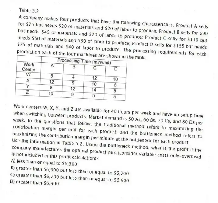 Table 5.2
A company makes four products that have the following characteristics: Product A sells for $75 but needs $20 of materials and $20 of labor to produce; Product B sells for $90 but needs $45 of materials and $20 of labor to produce; Product C sells for $110 but needs $50 of materials and $30 of labor to produce; Product D sells for $135 but needs $75 of materials and $40 of labor to produce. The processing requirements for each product on each of the four machines are shown in the table.
Work centers W, X, Y, and Z are available for 40 hours per week and have no setup time when switching between products. Market demand is 50 As, 60 Bs, 70 Cs, and 80 Ds per week. In the questions that follow, the traditional method refers to maximizing the contribution margin per unit for each product, and the bottleneck method refers to maximizing the contribution margin per minute at the bottleneck for each product.
-Use the information in Table 5.2. Using the bottleneck method, what is the profit if the company manufactures the optimal product mix (consider variable costs only-overhead is not included in this profit calculation)?
A) less than or equal to $6,500
B) greater than $6,500 but less than or equal to $6,700
C) greater than $6,700 but less than or equal to $6,900
D) greater than $6,900