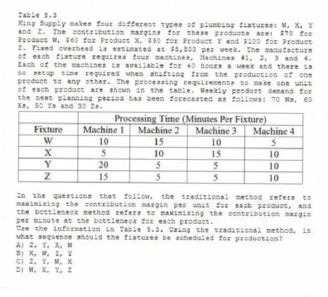 Table 5.3
King Supply makes four different types of plumbing fixtures: W, X, Y and Z. The contribution margins for these products are: $70 for Product W, $60 for Product X, $90 for Product Y and $100 for Product Z. Fixed overhead is estimated at $5,500 per week. The manufacture of each fixture requires four machines, Machines #1, 2, 3 and 4. Each of the machines is available for 40 hours a week and there is no setup time required when shifting from the production of one product to any other. The processing requirements to make one unit of each product are shown in the table. Weekly product demand for the next planning period has been forecasted as follows: 70 Ws, 60 Xs, 50 Ys and 30 Zs.
In the questions that follow, the traditional method refers to maximizing the contribution margin per unit for each product, and the bottleneck method refers to maximizing the contribution margin per minute at the bottleneck for each product.
-Use the information in Table 5.3. Using the traditional method, in what sequence should the fixtures be scheduled for production?
A) Z, Y, X, W
B) X, W, Z, Y
C) Z, Y, W, X
D) W, X, Y, Z