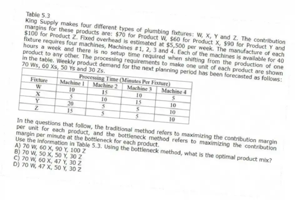 Table 5.3
King Supply makes four different types of plumbing fixtures: W, X, Y and Z. The contribution margins for these products are: $70 for Product W, $60 for Product X, $90 for Product Y and $100 for Product Z. Fixed overhead is estimated at $5,500 per week. The manufacture of each fixture requires four machines, Machines #1, 2, 3 and 4. Each of the machines is available for 40 hours a week and there is no setup time required when shifting from the production of one product to any other. The processing requirements to make one unit of each product are shown in the table. Weekly product demand for the next planning period has been forecasted as follows: 70 Ws, 60 Xs, 50 Ys and 30 Zs.
In the questions that follow, the traditional method refers to maximizing the contribution margin per unit for each product, and the bottleneck method refers to maximizing the contribution margin per minute at the bottleneck for each product.
-Use the information in Table 5.3. Using the bottleneck method, what is the optimal product mix?
A) 70 W, 60 X, 90 Y, 100 Z
B) 70 W, 50 X, 50 Y, 30 Z
C) 70 W, 60 X, 47 Y, 30 Z
D) 70 W, 47 X, 50 Y, 30 Z