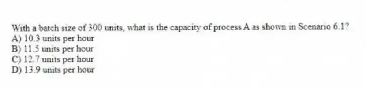 With a batch size of 300 units, what is the capacity of process A as shown in Scenario 6.1?
A) 10.3 units per hour
B) 11.5 units per hour
C) 12.7 units per hour
D) 13.9 units per hour
