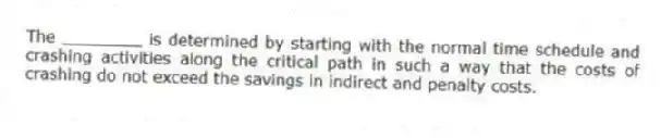 The ________ is determined by starting with the normal time schedule and crashing activities along the critical path in such a way that the costs of crashing do not exceed the savings in indirect and penalty costs.