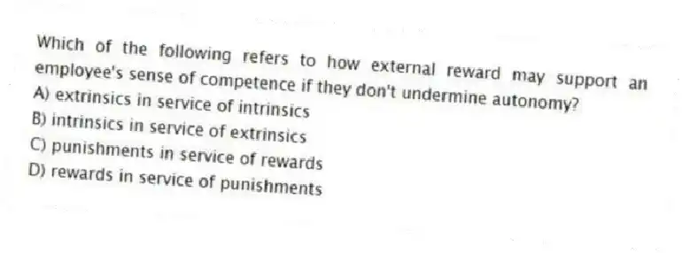 Which of the following refers to how external reward may support an employee's sense of competence if they don't undermine autonomy?
A) extrinsics in service of intrinsics
B) intrinsics in service of extrinsics
C) punishments in service of rewards
D) rewards in service of punishments