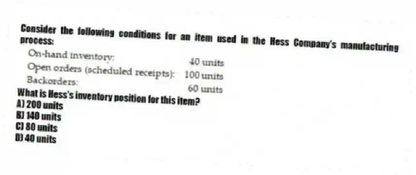 Consider the following conditions for an item used in the Hess Company's manufacturing process:
What is Hess's inventory position for this item?
A) 200 units
B) 140 units
C) 80 units
D) 40 units